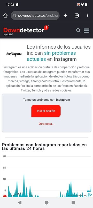 Menú de Instagram de la página web Downdetector