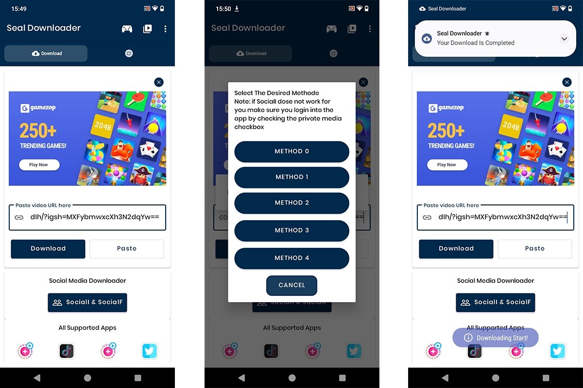 Menú de la app Seal para descargar vídeos de Instagram