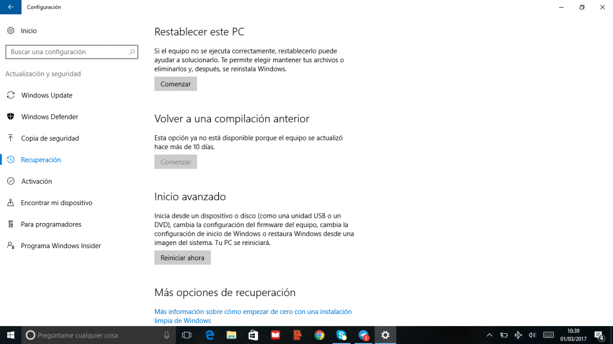 Menú de recuperación de Windows 10