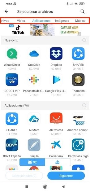 Menú enviar de SHAREit