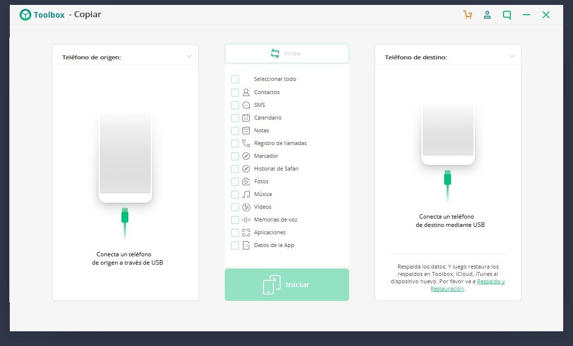 Menú inicial de iSkysoft Toolbox para transferir datos entre teléfonos