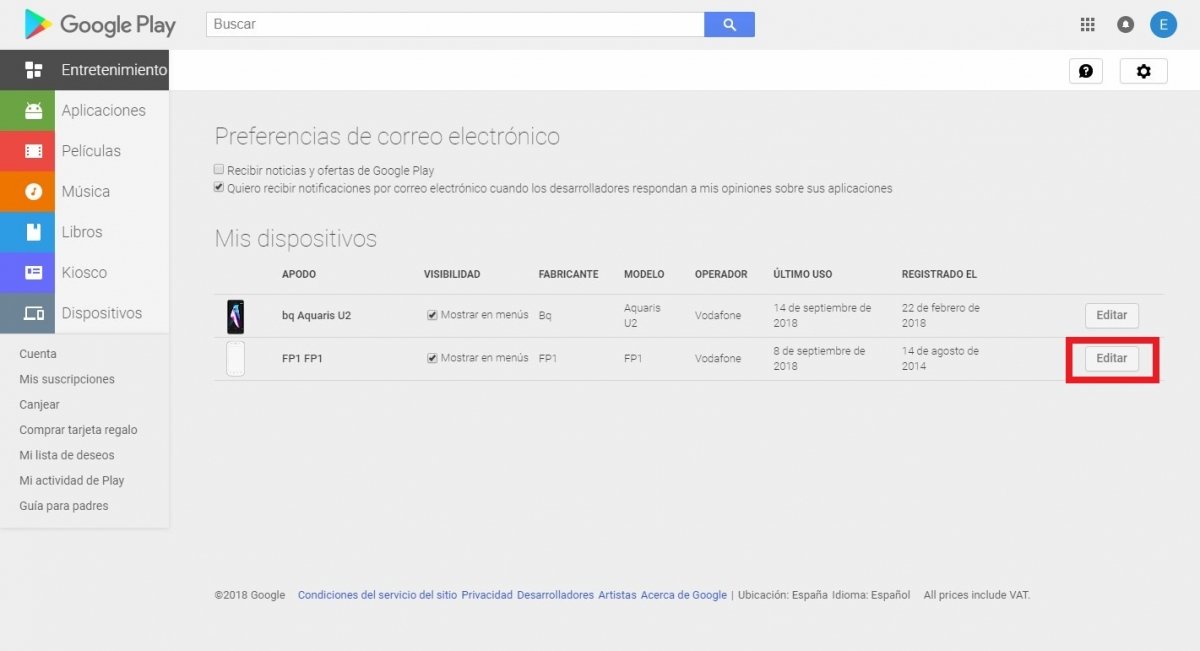 Menú para cambiar el nombre de un dispositivo móvil en Google Play