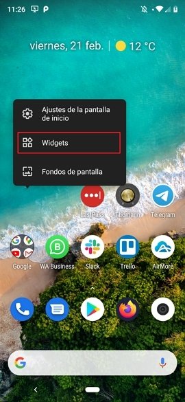Menú para colocar widgets en Android