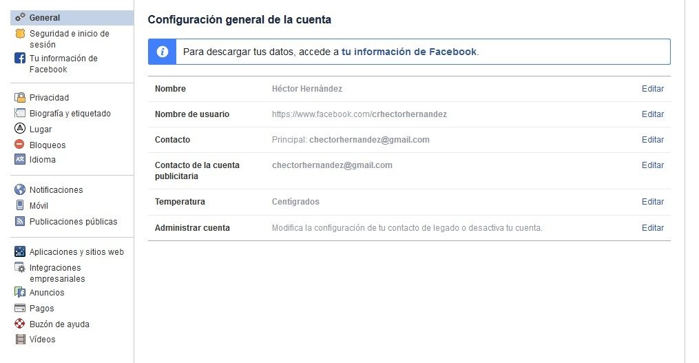 Menú para desactivar la cuenta de Facebook