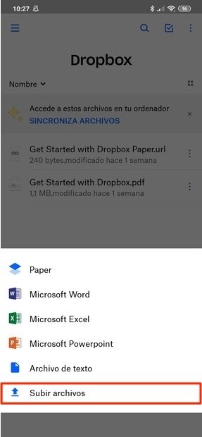 Menú para elegir qué tipo de archivo vamos a subir a Dropbox