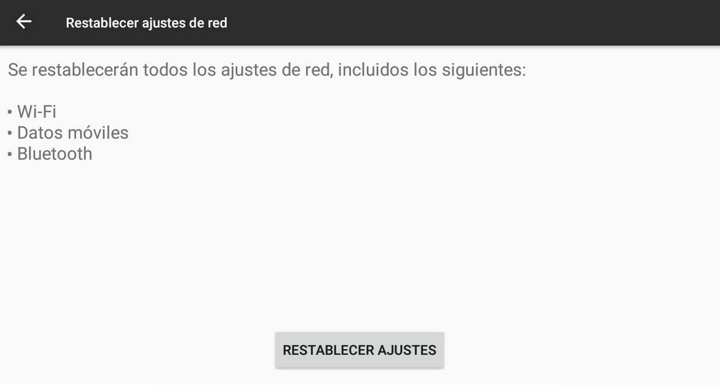 Menú para restablecer los valores de red en Android
