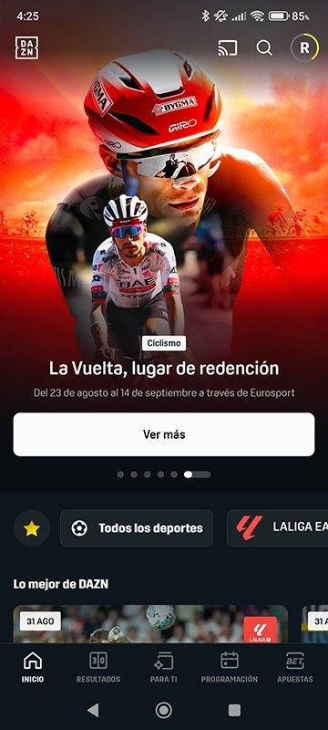 Menú principal de la app de streaming deportivo DAZN