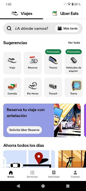 Menú principal de la app Uber con las funciones destacadas disponibles