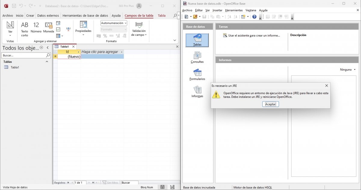Microsoft Access junto a OpenOffice Base, mostrando un error que nos recuerda la necesidad de instalar Java