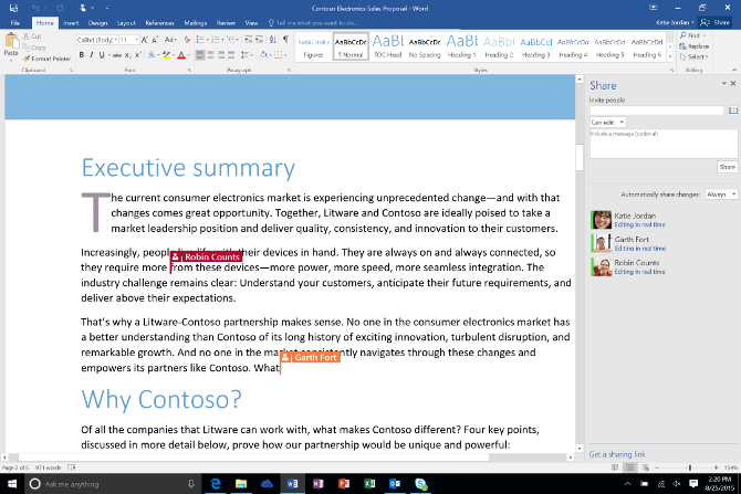 Microsoft Word 2016 con coautoría y comunicación a través de Skype
