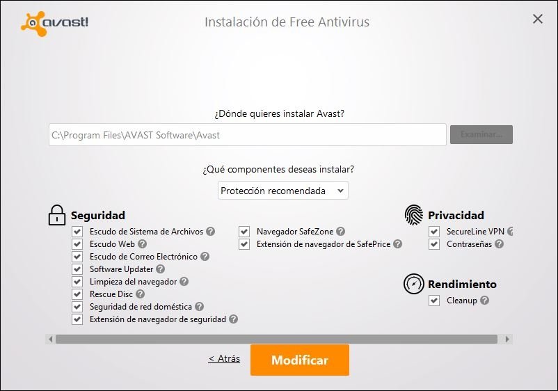 Modificando los componentes de Avast Antivirus