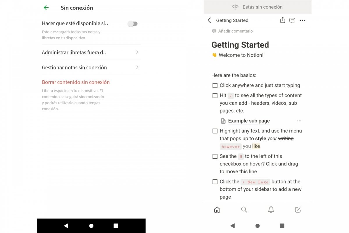 Modo sin conexión en Evernote y Notion