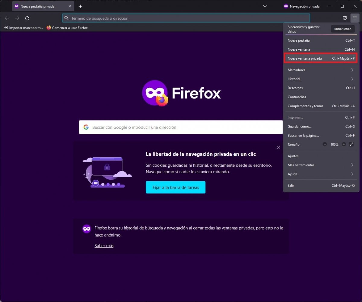 Modo ventana privada en Firefox