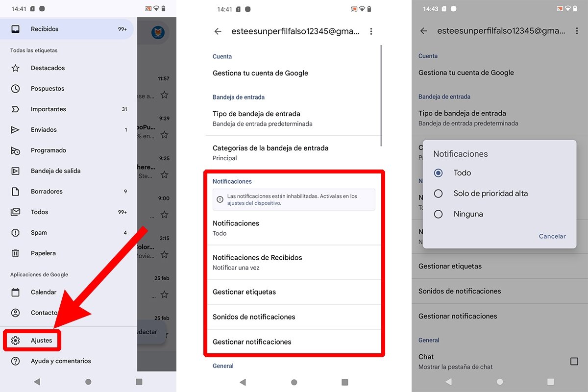 No me llegan correos a Gmail: Activa las notificaciones