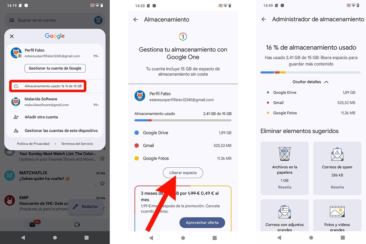 No me llegan correos a Gmail: Comprueba el espacio