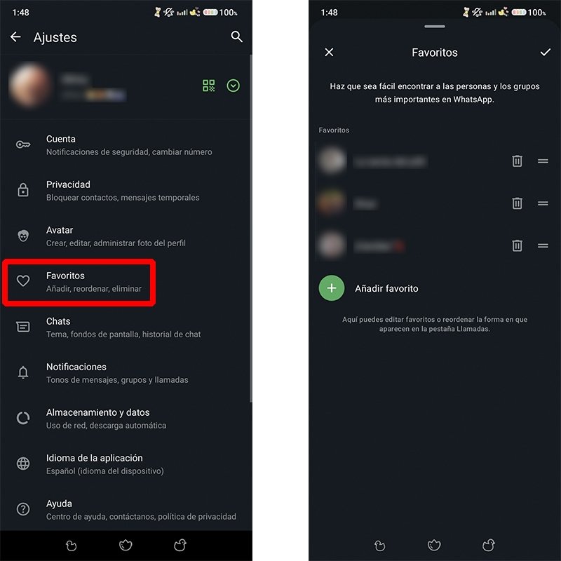Nueva sección de chats favoritos en el menú de ajustes de WhatsApp