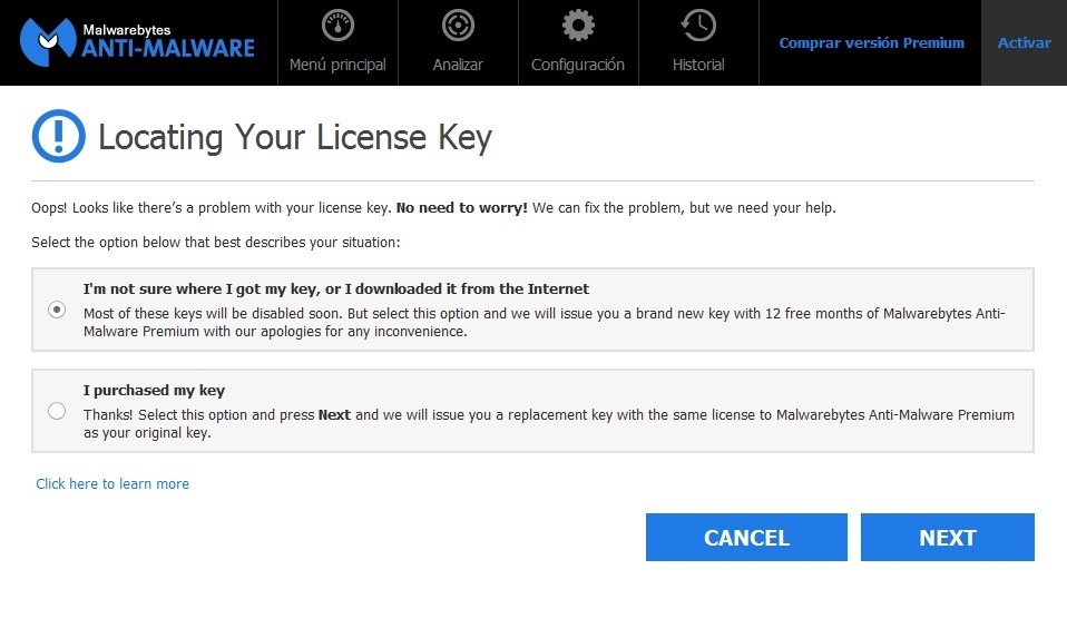 Obtención de clave en Malwarebytes Anti-Malware