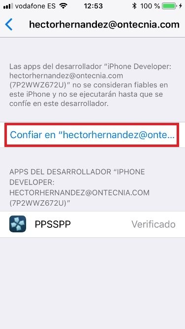Opción a pulsar para verificar un desarrollador en iOS