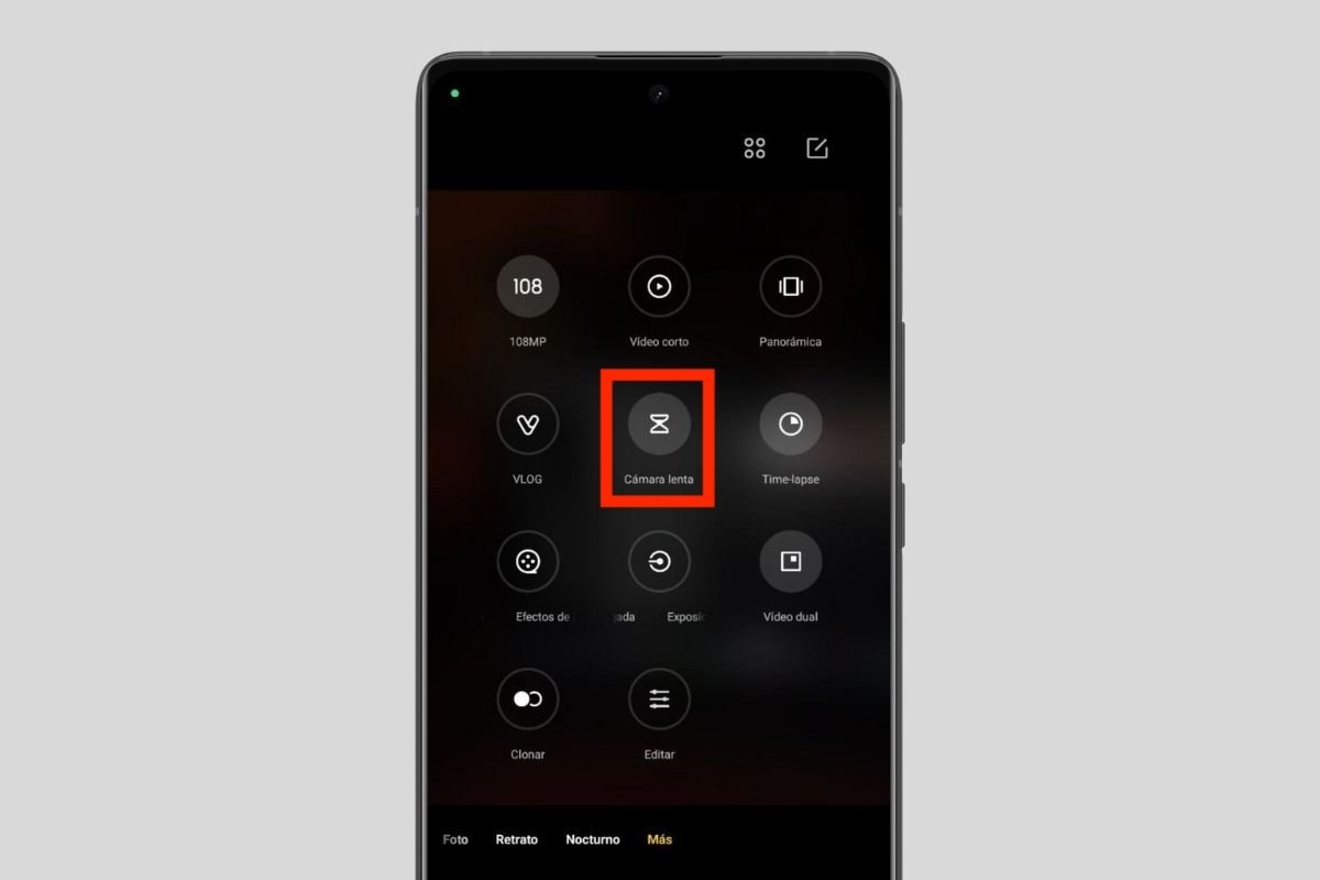 Opción de cámara lenta en los modos de un móvil Xiaomi con MIUI