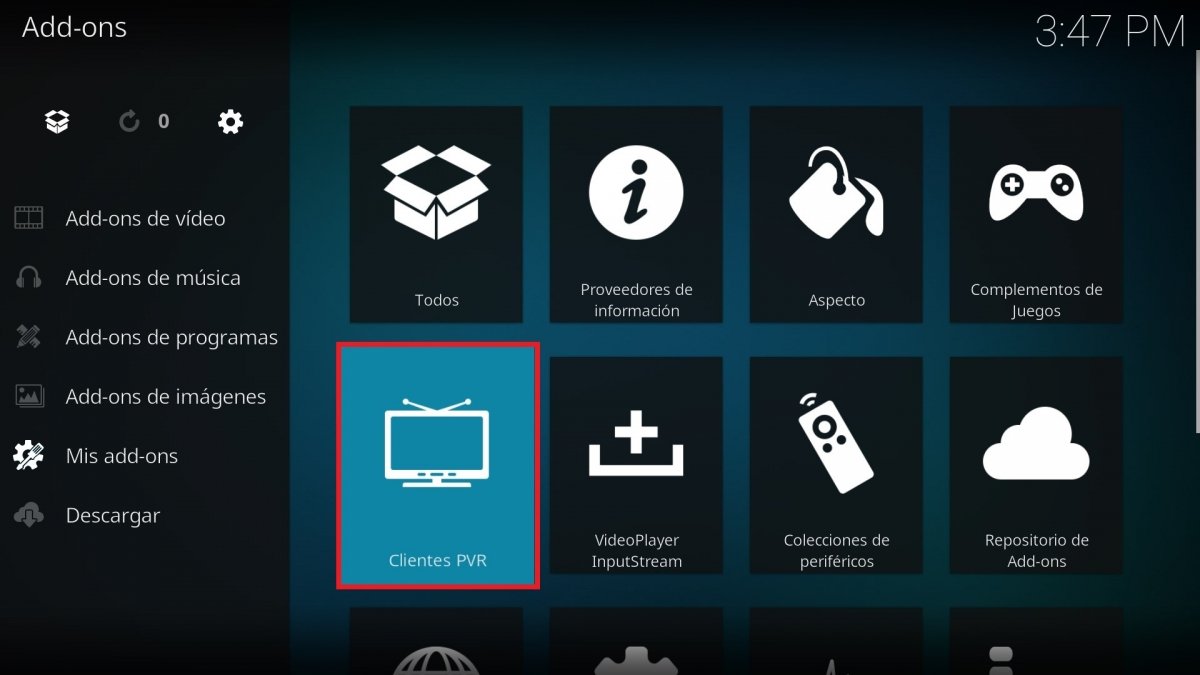 Opción de Clientes PVR en Kodi