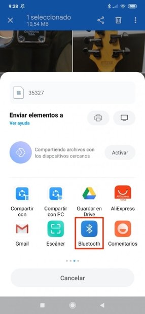 Opción de enviar un archivo por Bluetooth