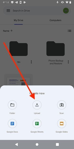 Opción de subida de ficheros en Google Drive