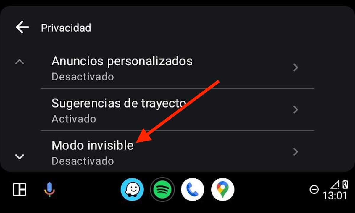 Opción del modo invisible en Android Auto