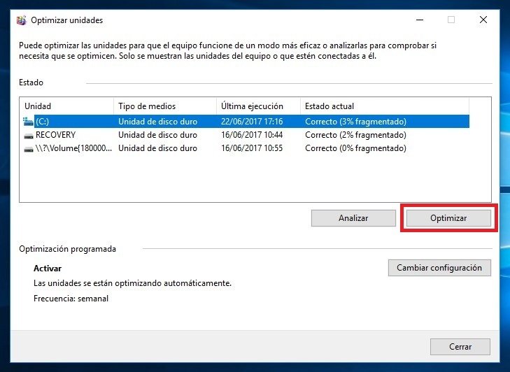 Opción 'Optimizar' para desfragmentar el disco duro