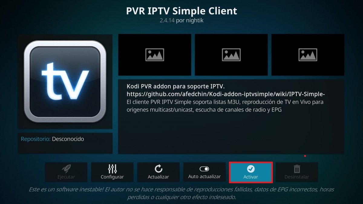 Opción para activar el plugin PVR IPTV Simple Client