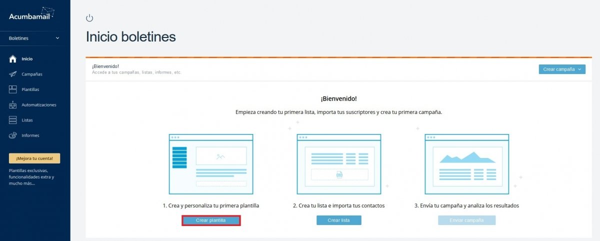 Opción para crear una plantilla en Acumbamail