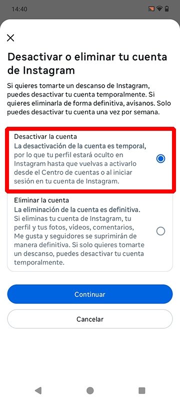 Opción para desactivar una cuenta de Instagram temporalmente