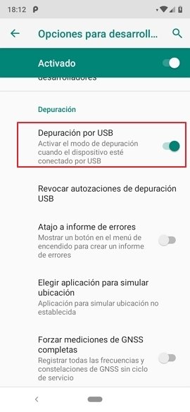 Opciones de desarrollador en Android