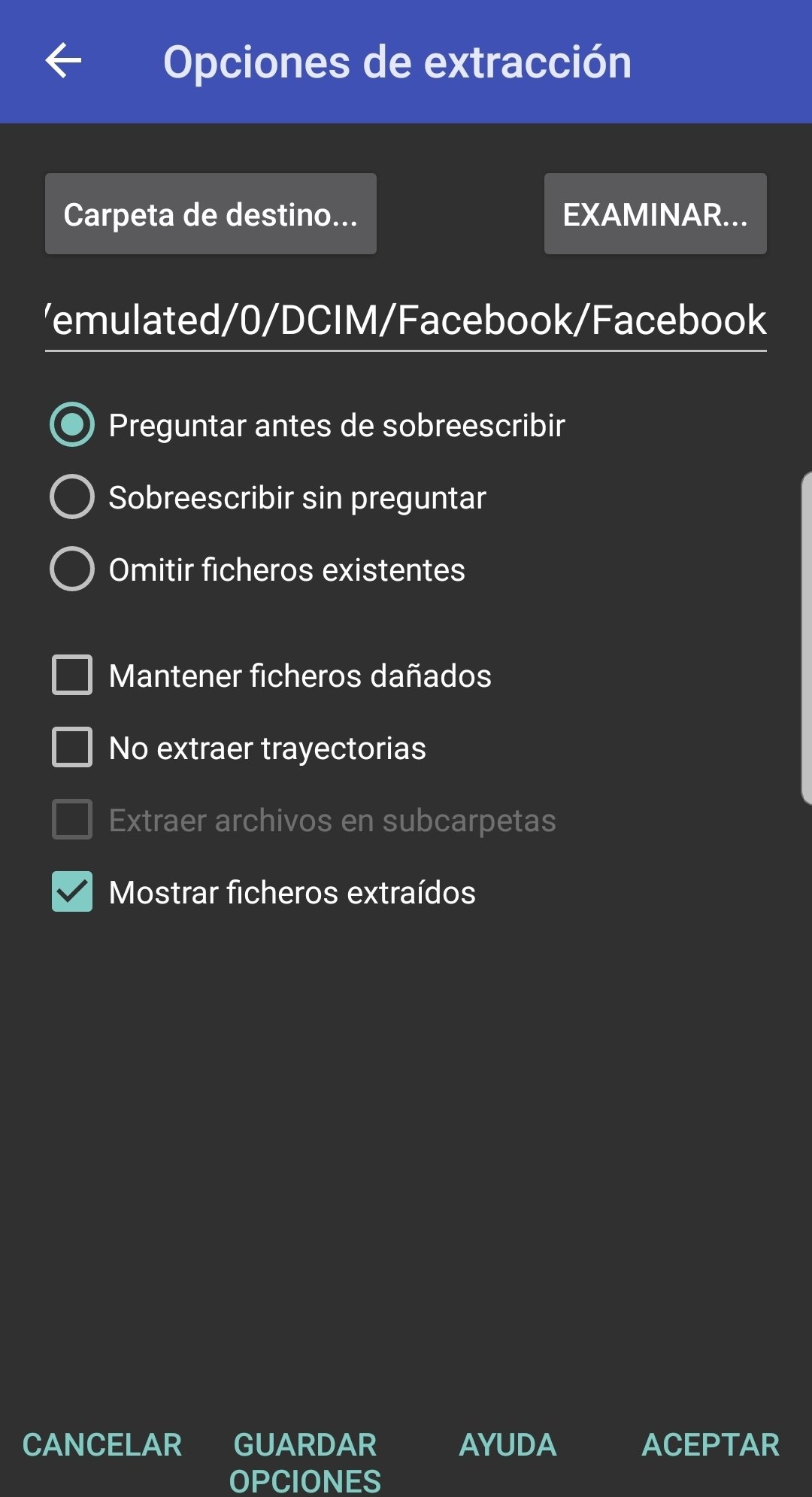 Opciones de descompresión de un archivo