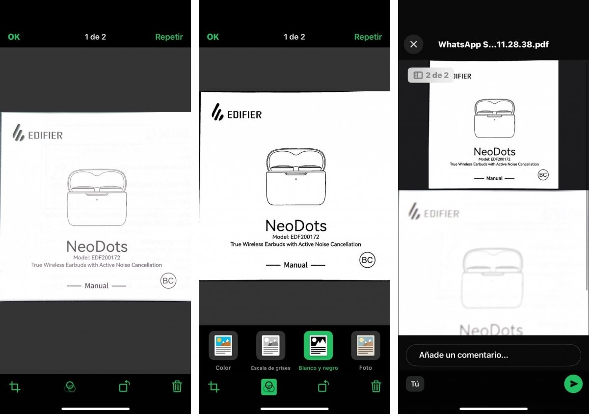 Opciones de edición de documentos escaneados en WhatsApp