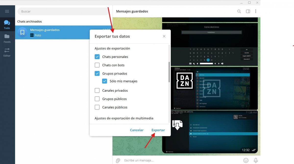 Opciones de exportación e todos los datos