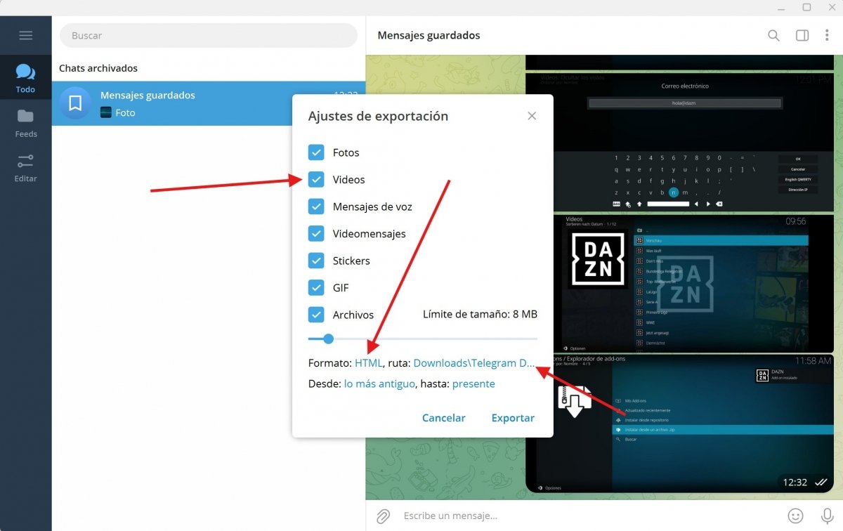 Opciones de exportación en un chat individual