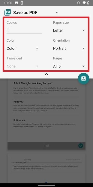 Opciones de impresión en Android