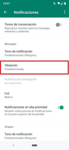 Opciones de notificaciones de WhatsApp