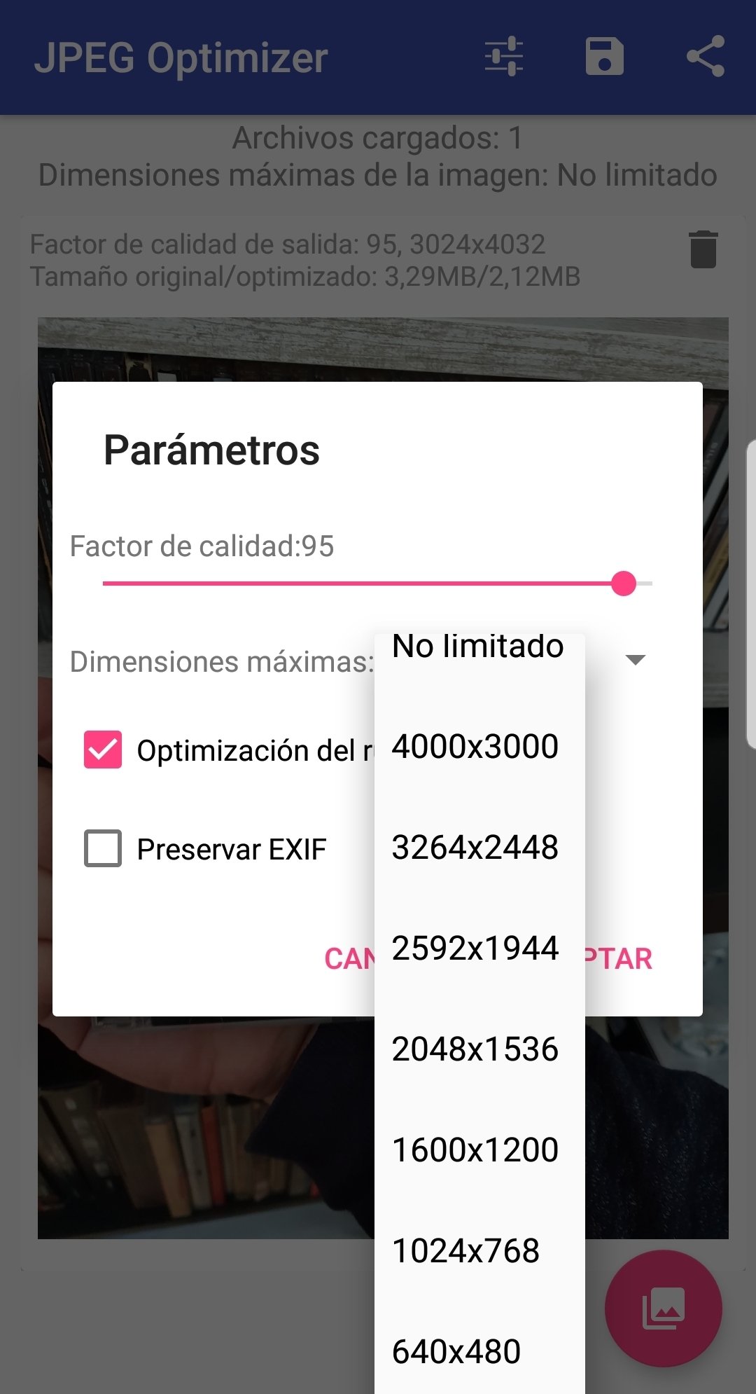 Opciones de redimensionado de JPEG Optimizer