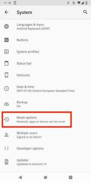 Opciones de restauración en Android