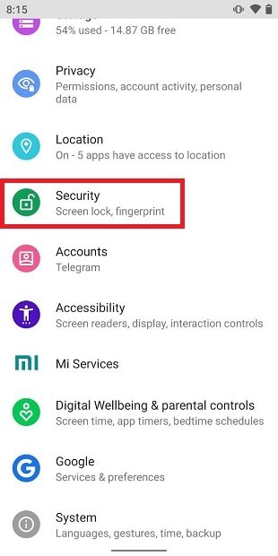 Opciones de seguridad en la app de ajustes de Android