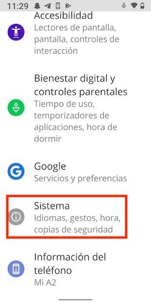 Opciones del sistema en un terminal Android