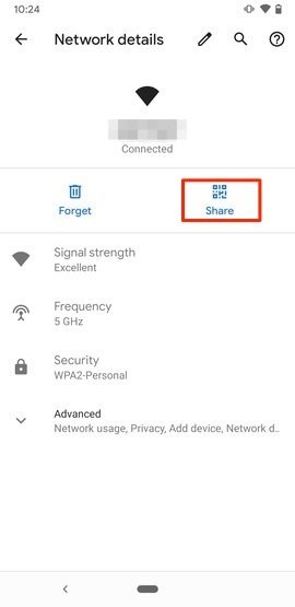 Opciones para compartir la red WiFi en Android 10