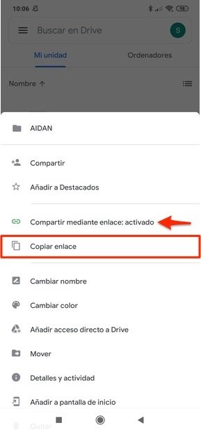 Opciones para compartir usando un enlace activadas