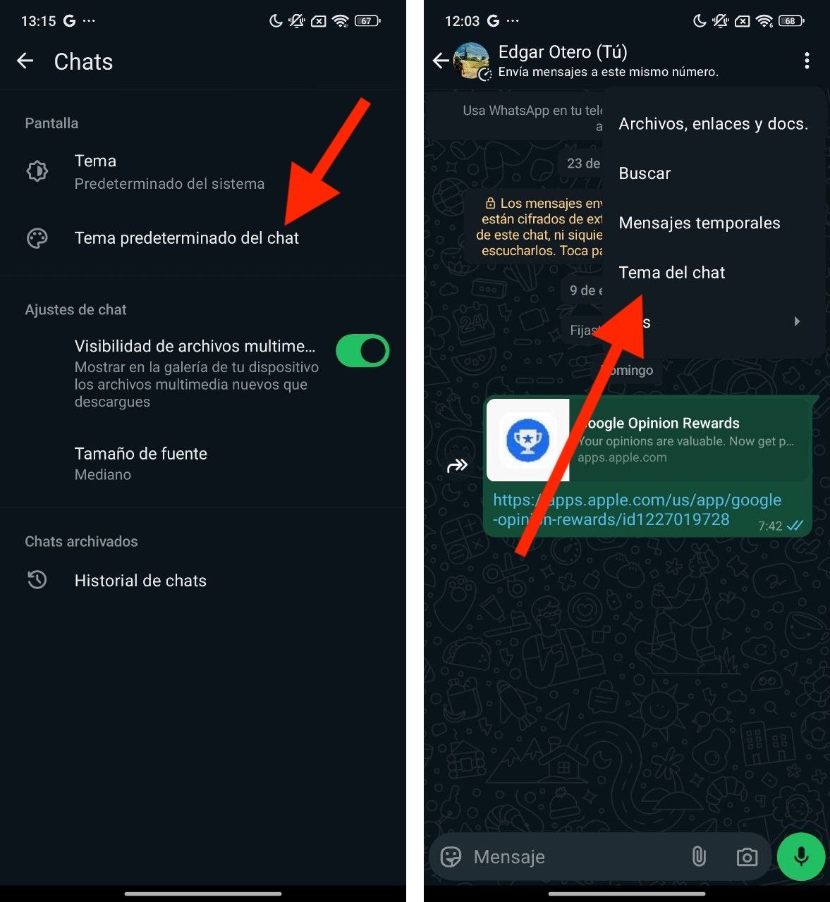 Opciones para modificar el tema de los chats en WhatsApp