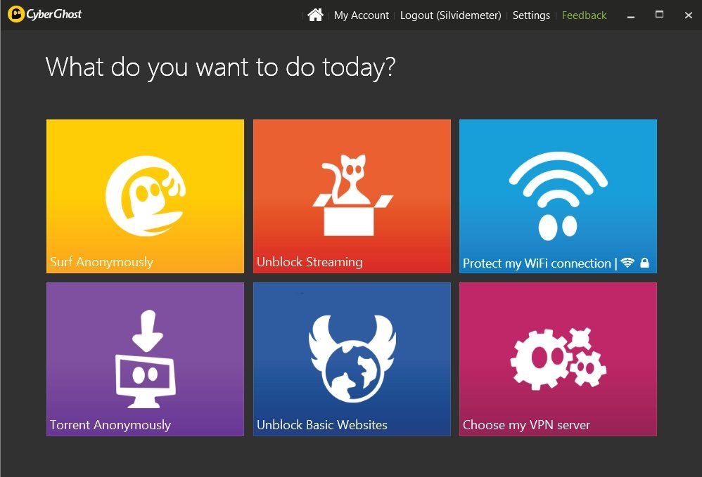 Opciones principales de Cyberghost VPN
