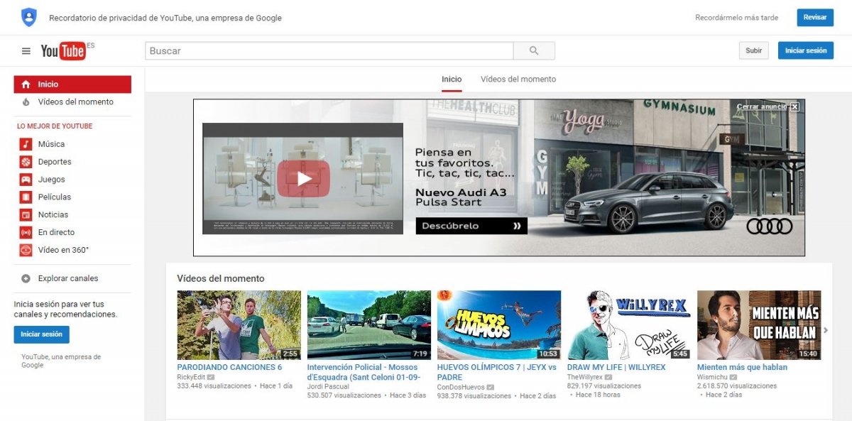Página principal de YouTube