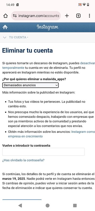 Página web de Meta para borrar cuentas de Instagram para siempre