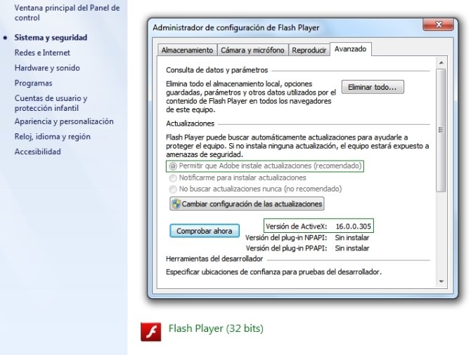 Panel de control de flash player en windows
