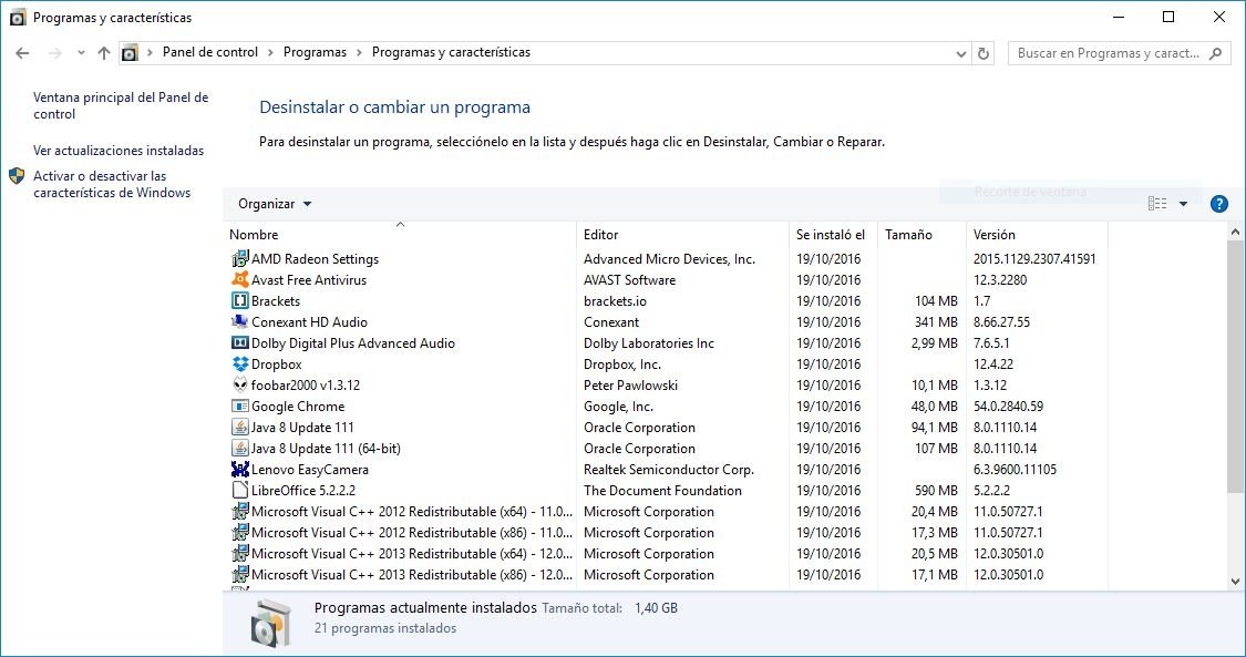 Panel de control de Windows
